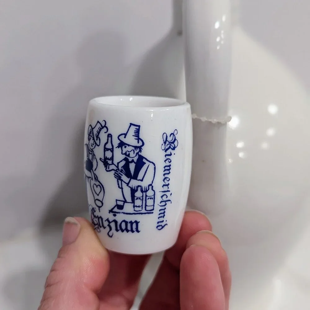 VTG Bavarian Enzian Liqueur Decanter Attached Shot Glass Floral Barware 60s